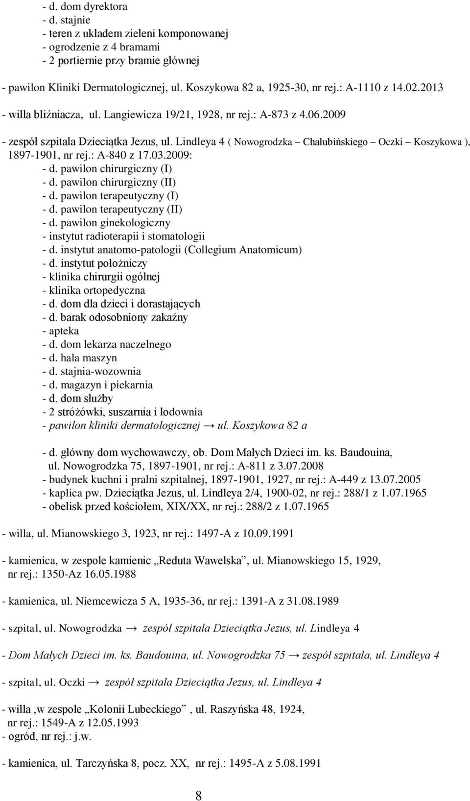 Lindleya 4 ( Nowogrodzka Chałubińskiego Oczki Koszykowa ), 1897-1901, nr rej.: A-840 z 17.03.2009: - d. pawilon chirurgiczny (I) - d. pawilon chirurgiczny (II) - d. pawilon terapeutyczny (I) - d.