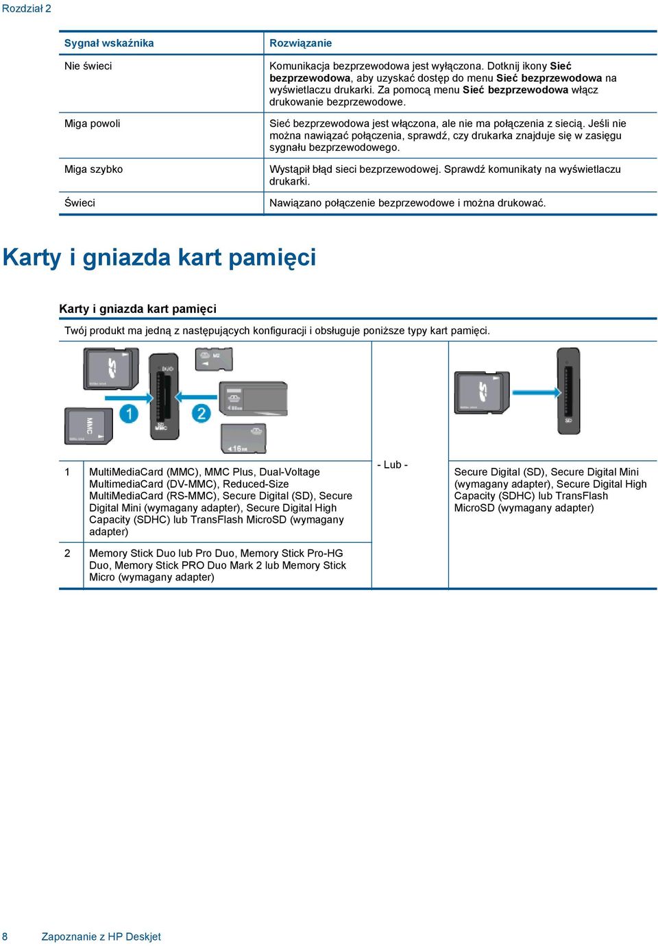 Sieć bezprzewodowa jest włączona, ale nie ma połączenia z siecią. Jeśli nie można nawiązać połączenia, sprawdź, czy drukarka znajduje się w zasięgu sygnału bezprzewodowego.