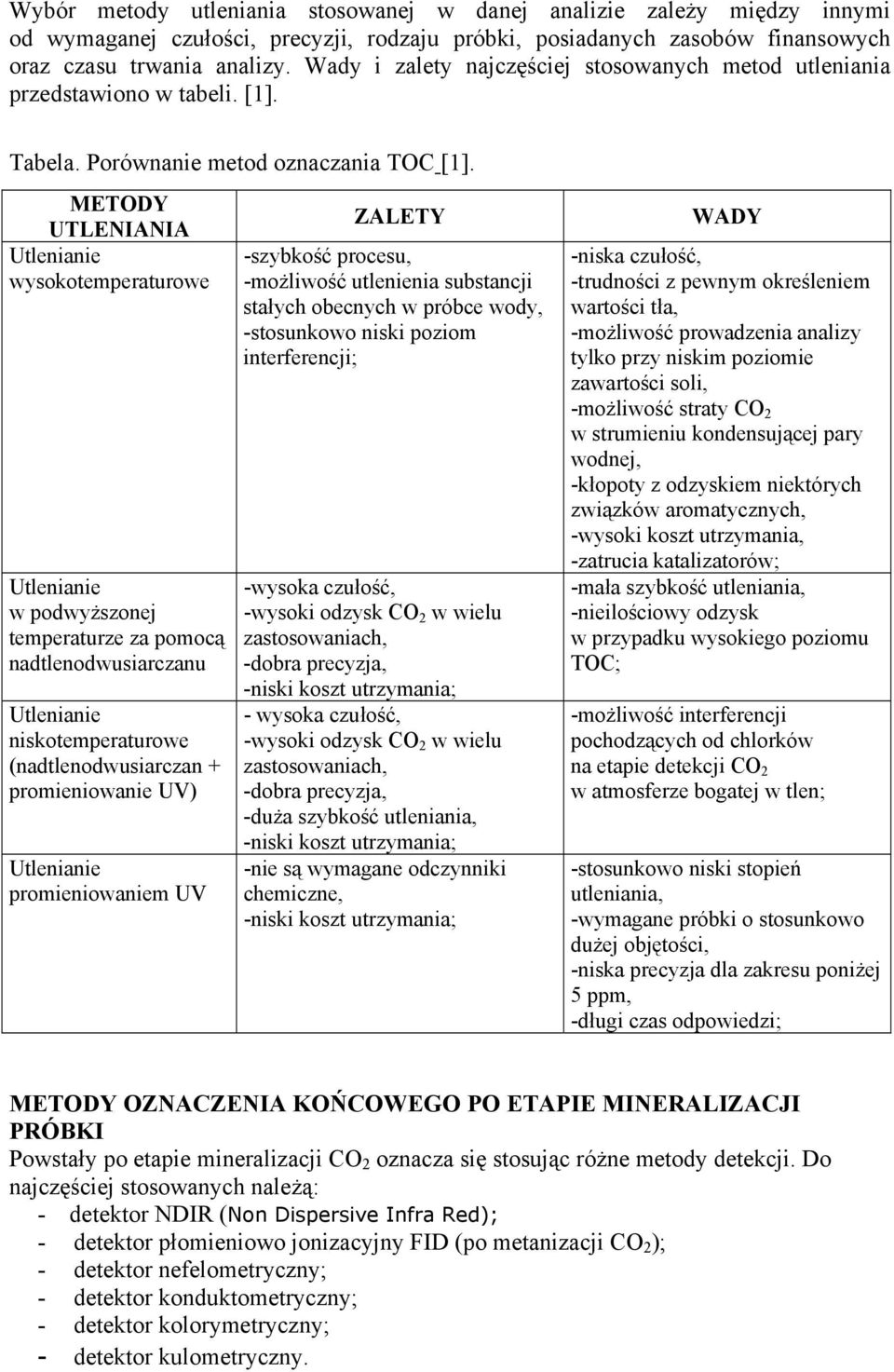 METODY ZALETY UTLENIANIA Utlenianie -szybkość procesu, wysokotemperaturowe -możliwość utlenienia substancji stałych obecnych w próbce wody, -stosunkowo niski poziom interferencji; Utlenianie w