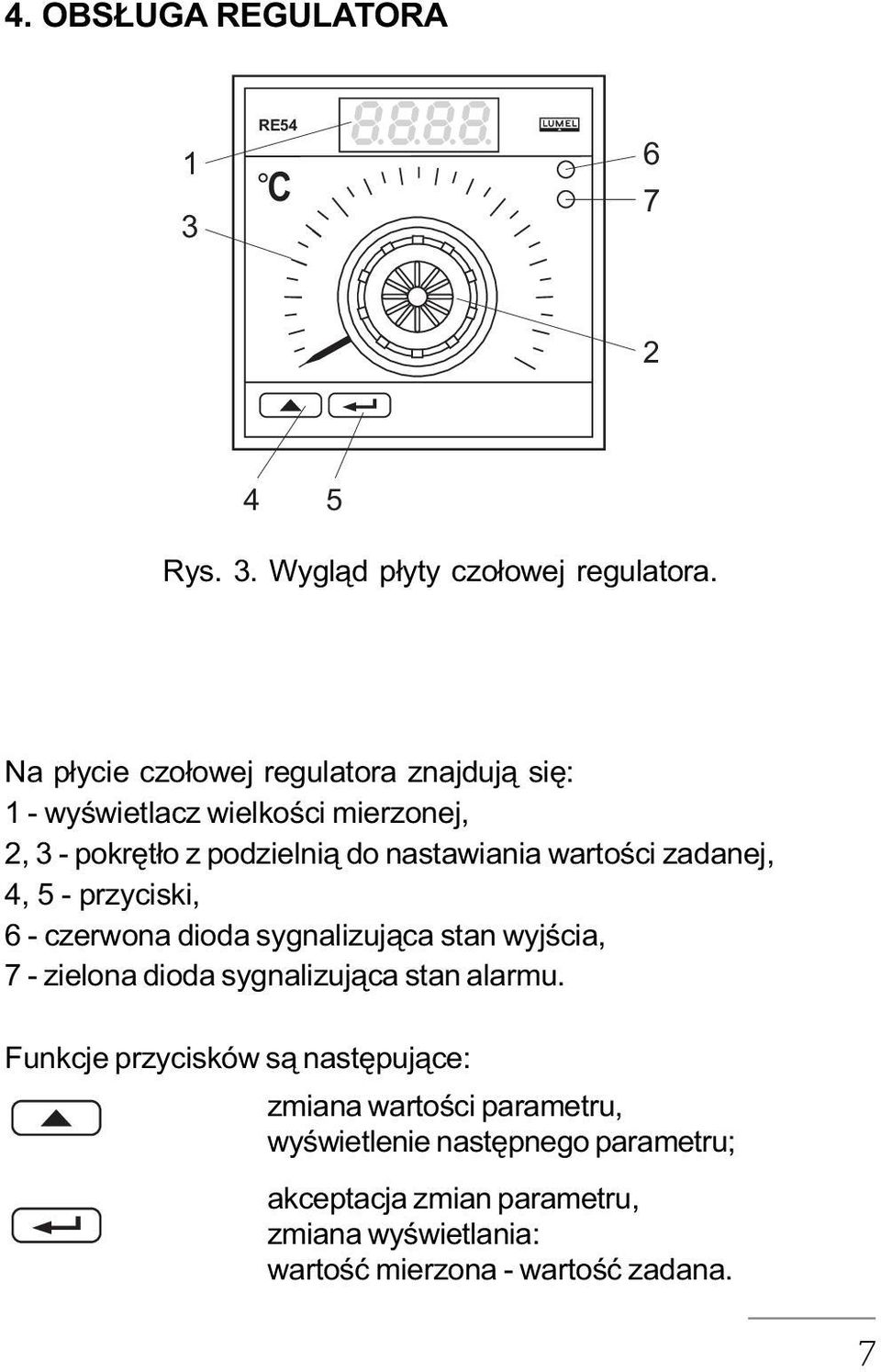 wartoœci zadanej, 4, 5 - przyciski, 6 - czerwona dioda sygnalizuj¹ca stan wyjœcia, 7 - zielona dioda sygnalizuj¹ca stan alarmu.