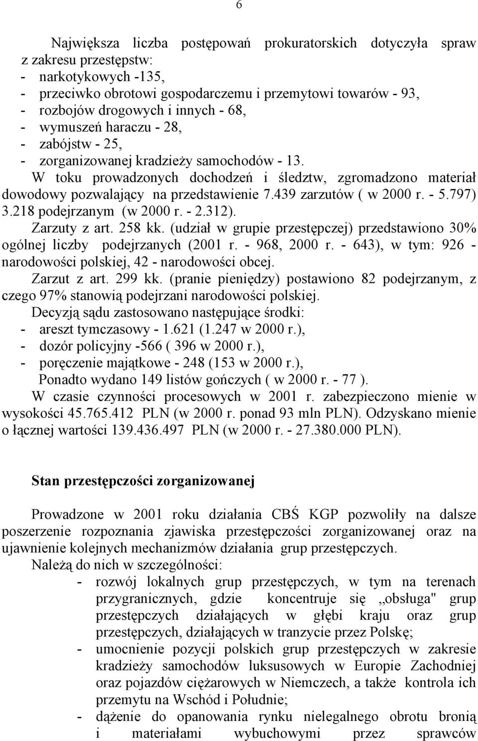 439 zarzutów ( w 2000 r. - 5.797) 3.218 podejrzanym (w 2000 r. - 2.312). Zarzuty z art. 258 kk. (udział w grupie przestępczej) przedstawiono 30% ogólnej liczby podejrzanych (2001 r. - 968, 2000 r.