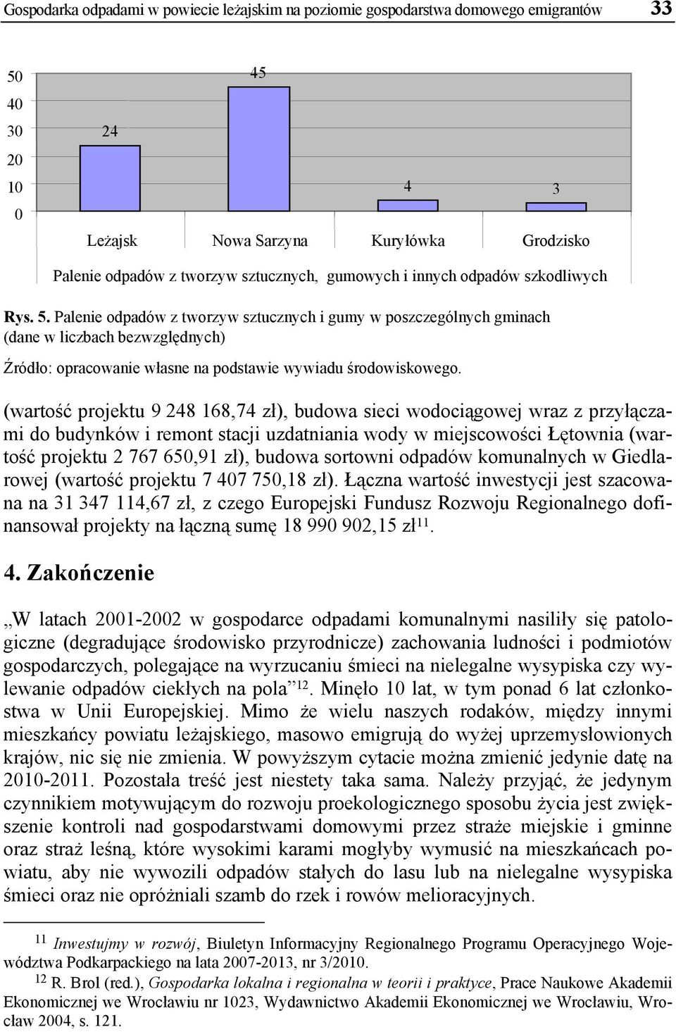 Palenie odpadów z tworzyw sztucznych i gumy w poszczególnych gminach (dane w liczbach bezwzględnych) Źródło: opracowanie własne na podstawie wywiadu środowiskowego.