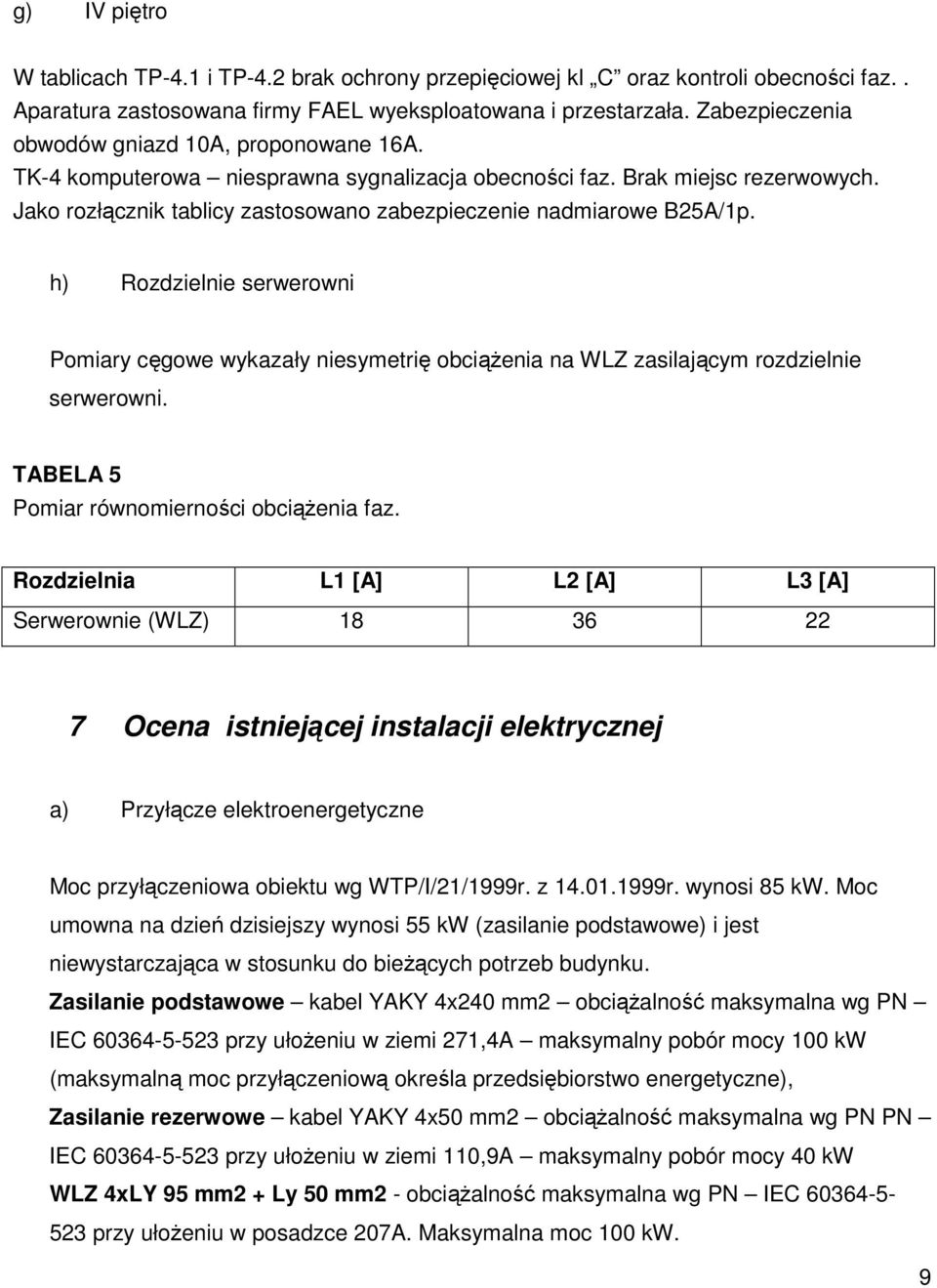 Jako rozłącznik tablicy zastosowano zabezpieczenie nadmiarowe B25A/1p. h) Rozdzielnie serwerowni Pomiary cęgowe wykazały niesymetrię obciążenia na WLZ zasilającym rozdzielnie serwerowni.