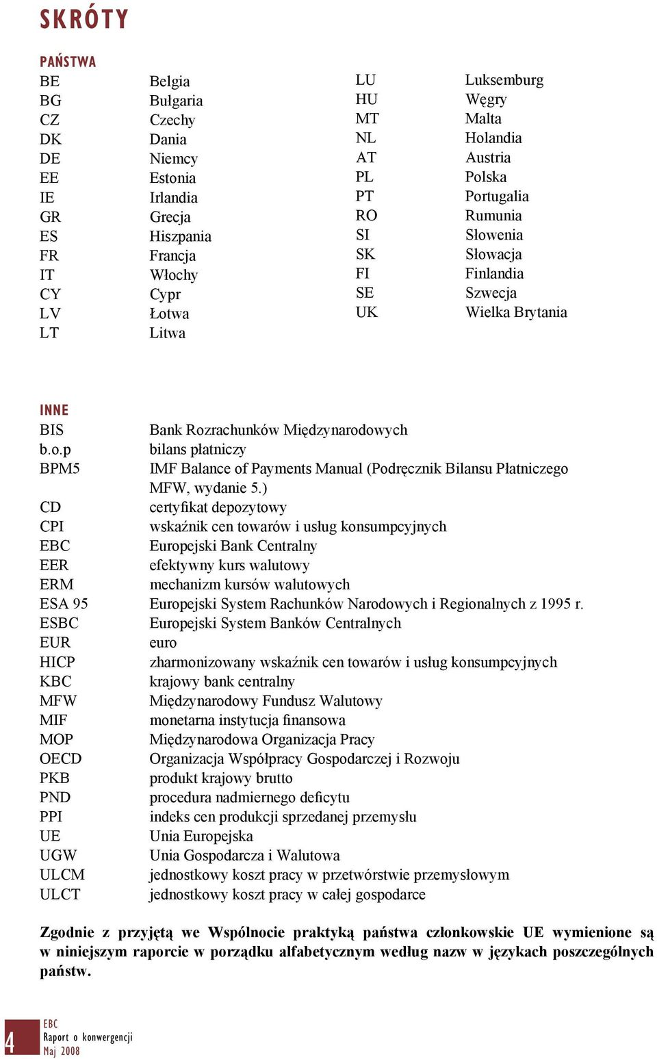 ) CD certyfikat depozytowy CPI wskaźnik cen towarów i usług konsumpcyjnych Europejski Bank Centralny EER efektywny kurs walutowy ERM mechanizm kursów walutowych ESA 95 Europejski System Rachunków