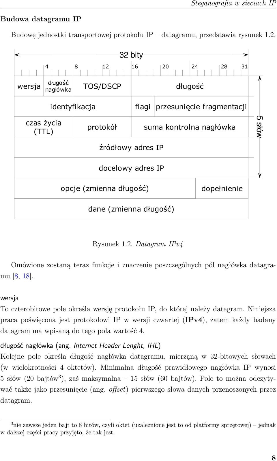 docelowy adres IP opcje (zmienna długość) dopełnienie dane (zmienna długość) Rysunek 1.2. Datagram IPv4 Omówione zostaną teraz funkcje i znaczenie poszczególnych pól nagłówka datagramu [8, 18].