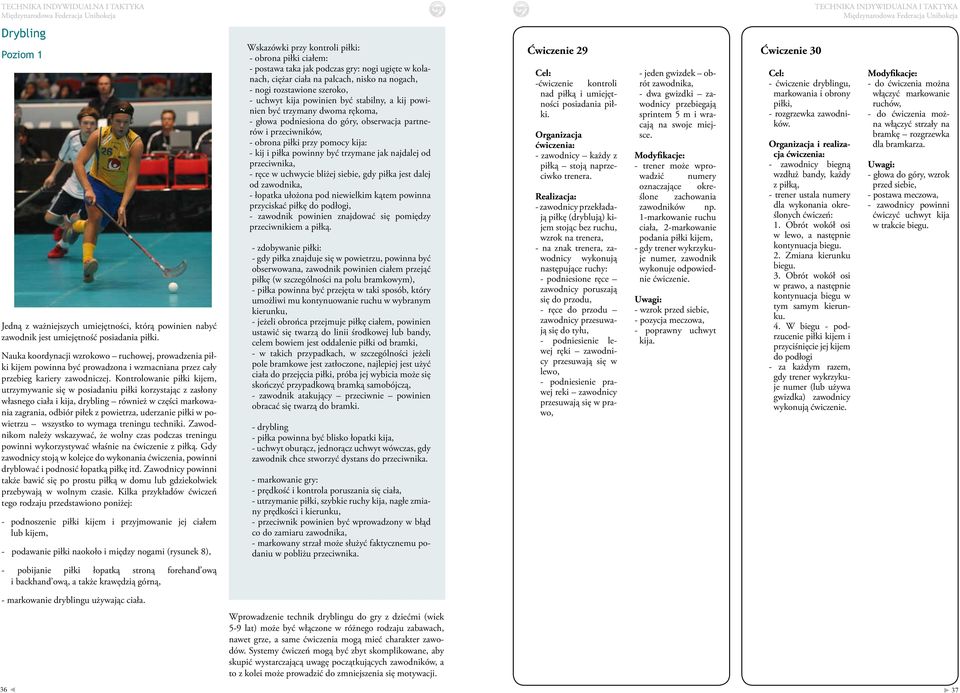 Kontrolowanie piłki kijem, utrzymywanie się w posiadaniu piłki korzystając z zasłony własnego ciała i kija, drybling również w części markowania zagrania, odbiór piłek z powietrza, uderzanie piłki w