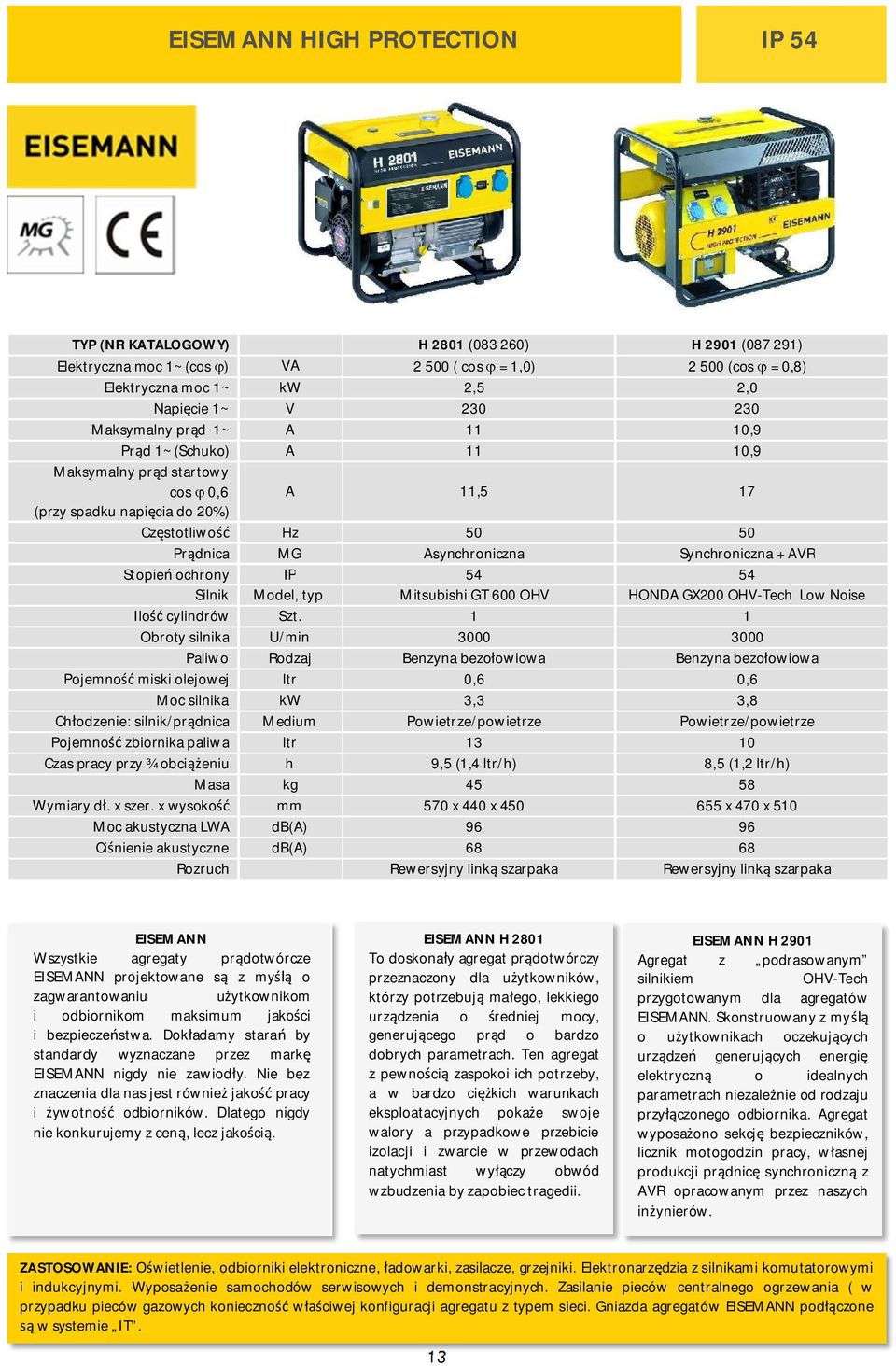 Stopie ochrony IP 54 54 Silnik Model, typ Mitsubishi GT 600 OHV HONDA GX200 OHV-Tech Low Noise Ilo cylindrów Szt.