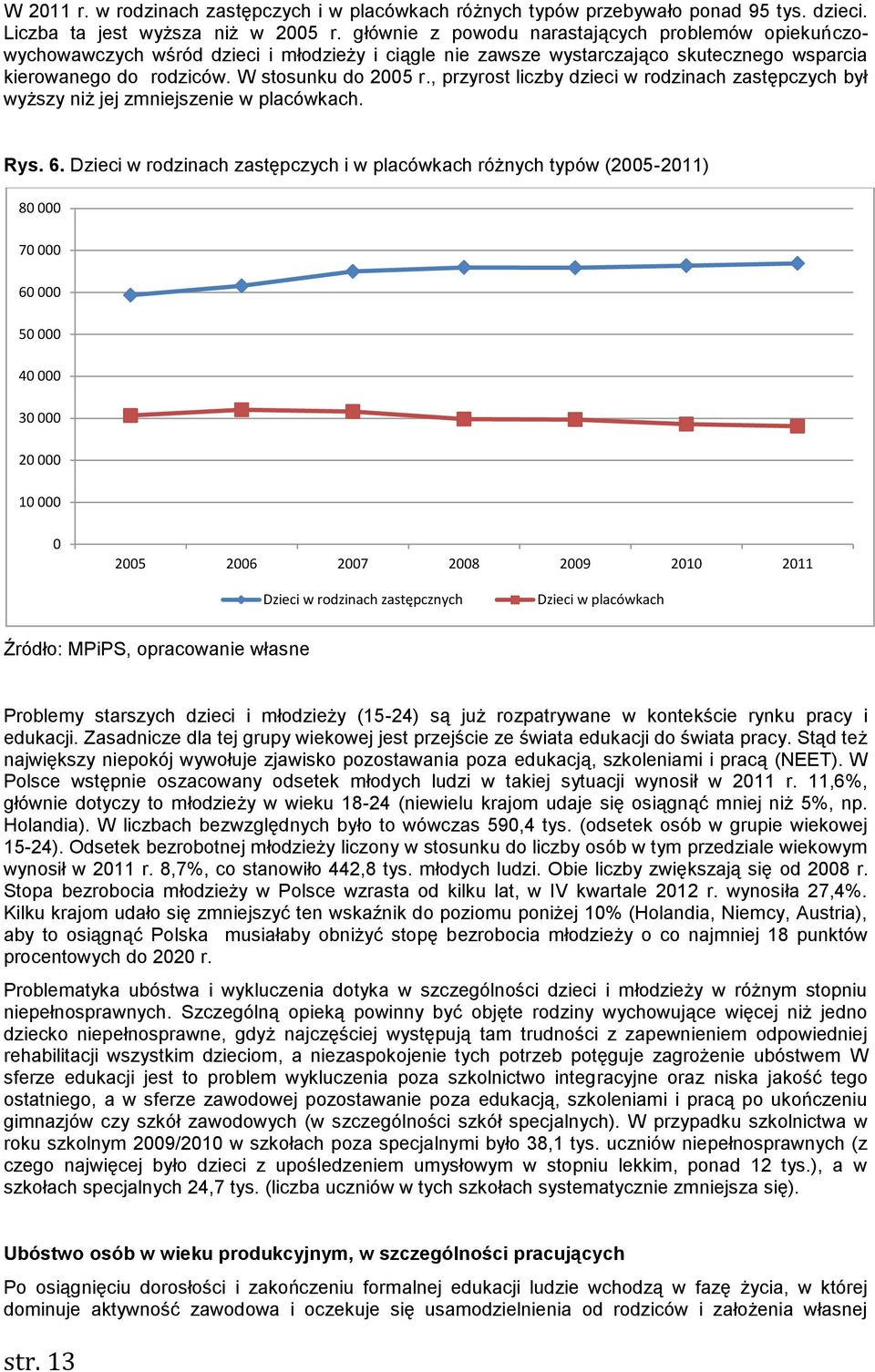 , przyrost liczby dzieci w rodzinach zastępczych był wyższy niż jej zmniejszenie w placówkach. Rys. 6.