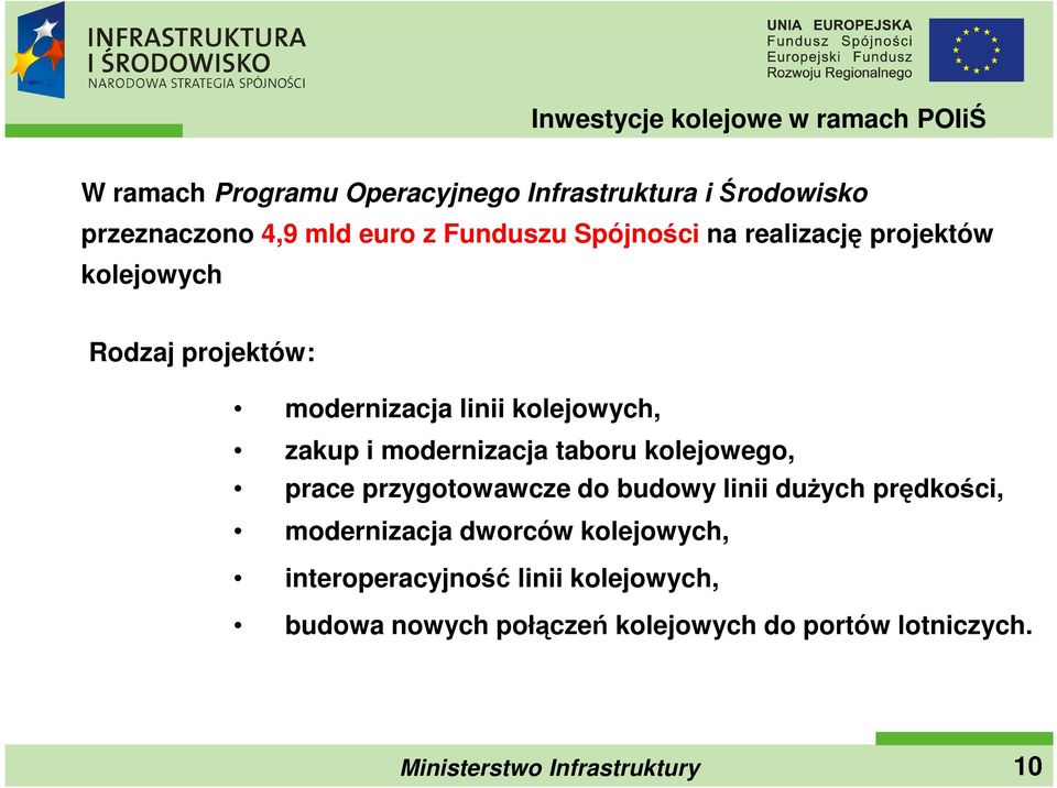 kolejowych, zakup i modernizacja taboru kolejowego, prace przygotowawcze do budowy linii duŝych prędkości,