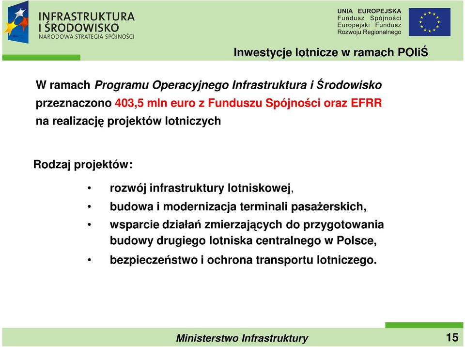 infrastruktury lotniskowej, budowa i modernizacja terminali pasaŝerskich, wsparcie działań zmierzających do