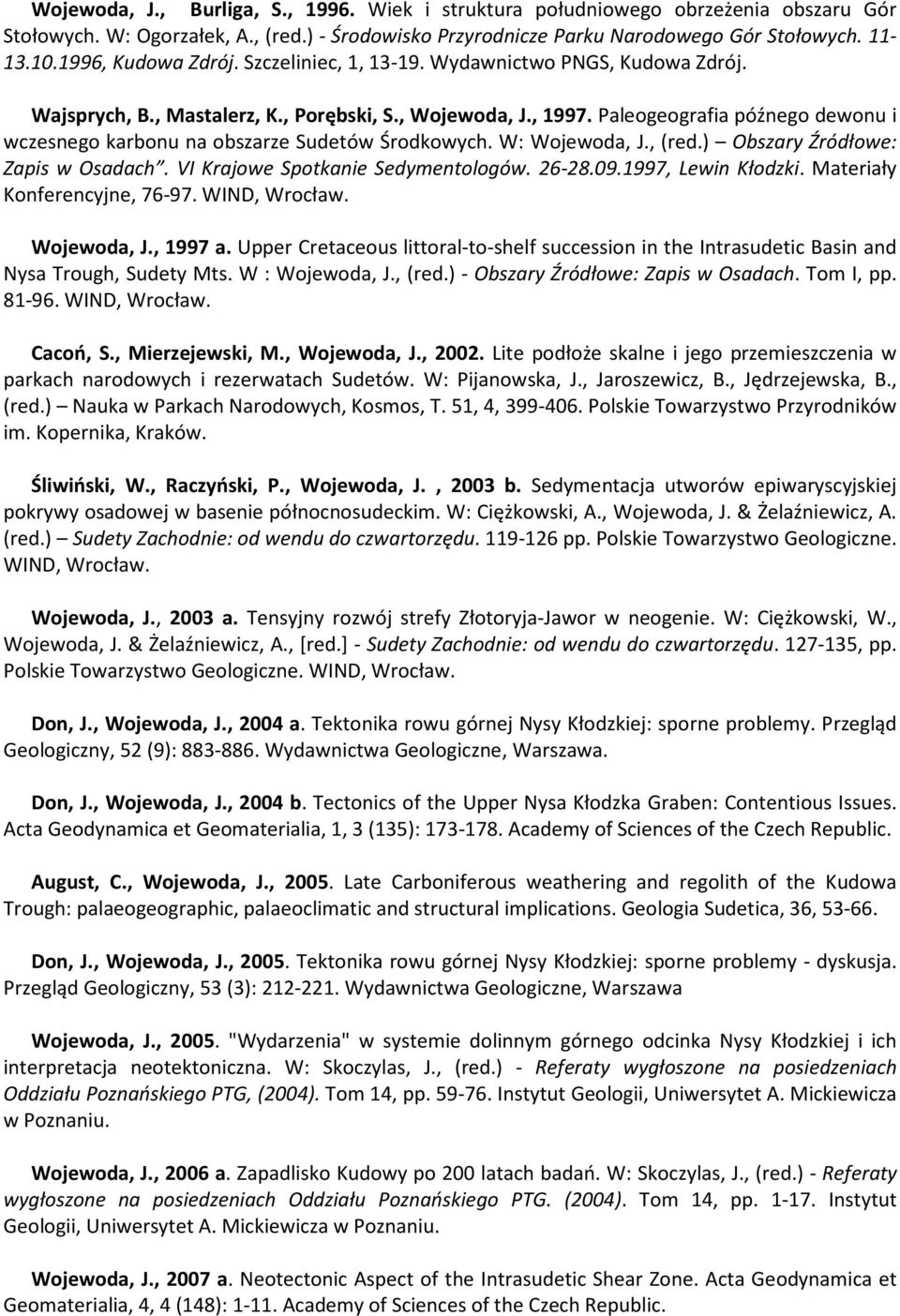 Paleogeografia późnego dewonu i wczesnego karbonu na obszarze Sudetów Środkowych. W: Wojewoda, J., (red.) Obszary Źródłowe: Zapis w Osadach. VI Krajowe Spotkanie Sedymentologów. 26-28.09.