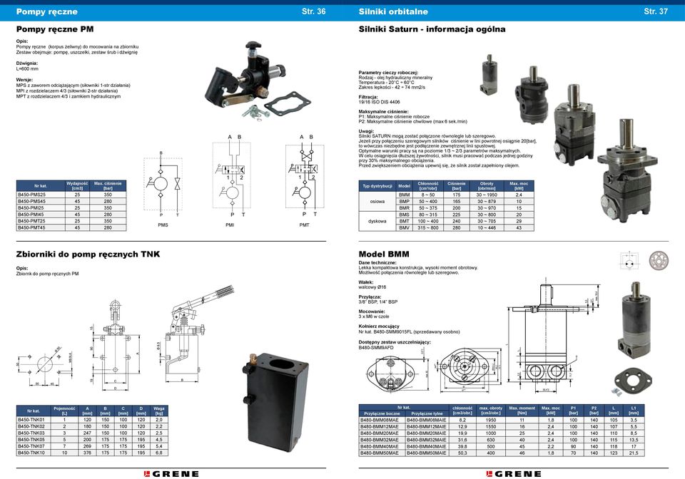 MPS z zaworem odciążającym (siłowniki 1-str działania) MPI z rozdzielaczem 4/3 (siłowniki 2-str działania) MPT z rozdzielaczem 4/3 i zamkiem hydraulicznym Parametry cieczy roboczej: Rodzaj - olej