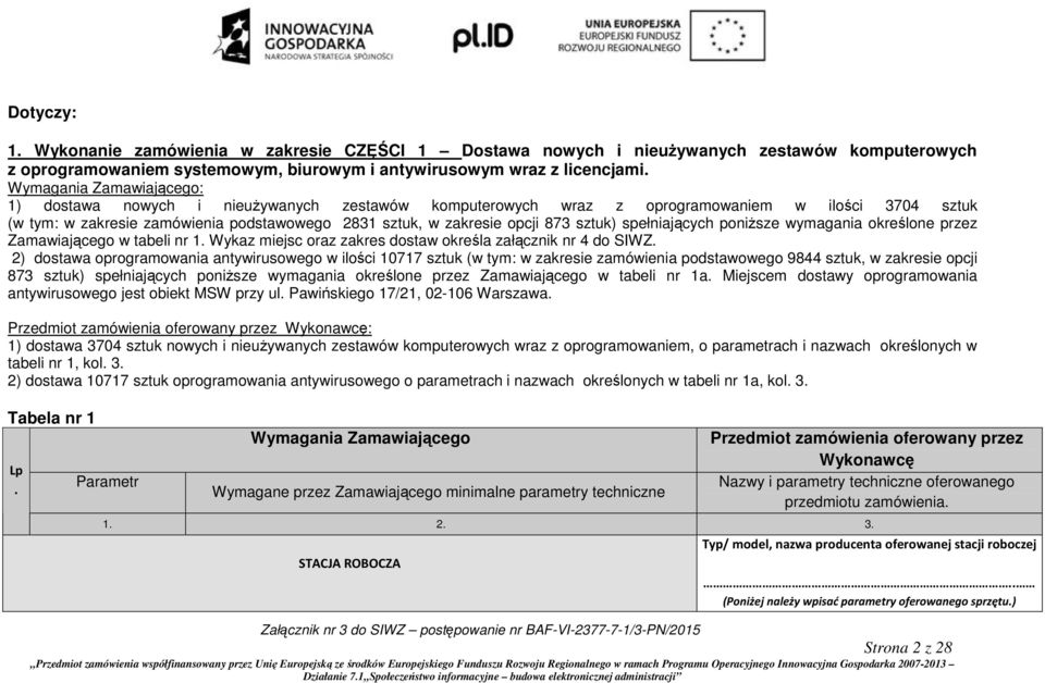 sztuk) spełniających poniższe wymagania określone przez Zamawiającego w tabeli nr 1. Wykaz miejsc oraz zakres dostaw określa załącznik nr 4 do SIWZ.