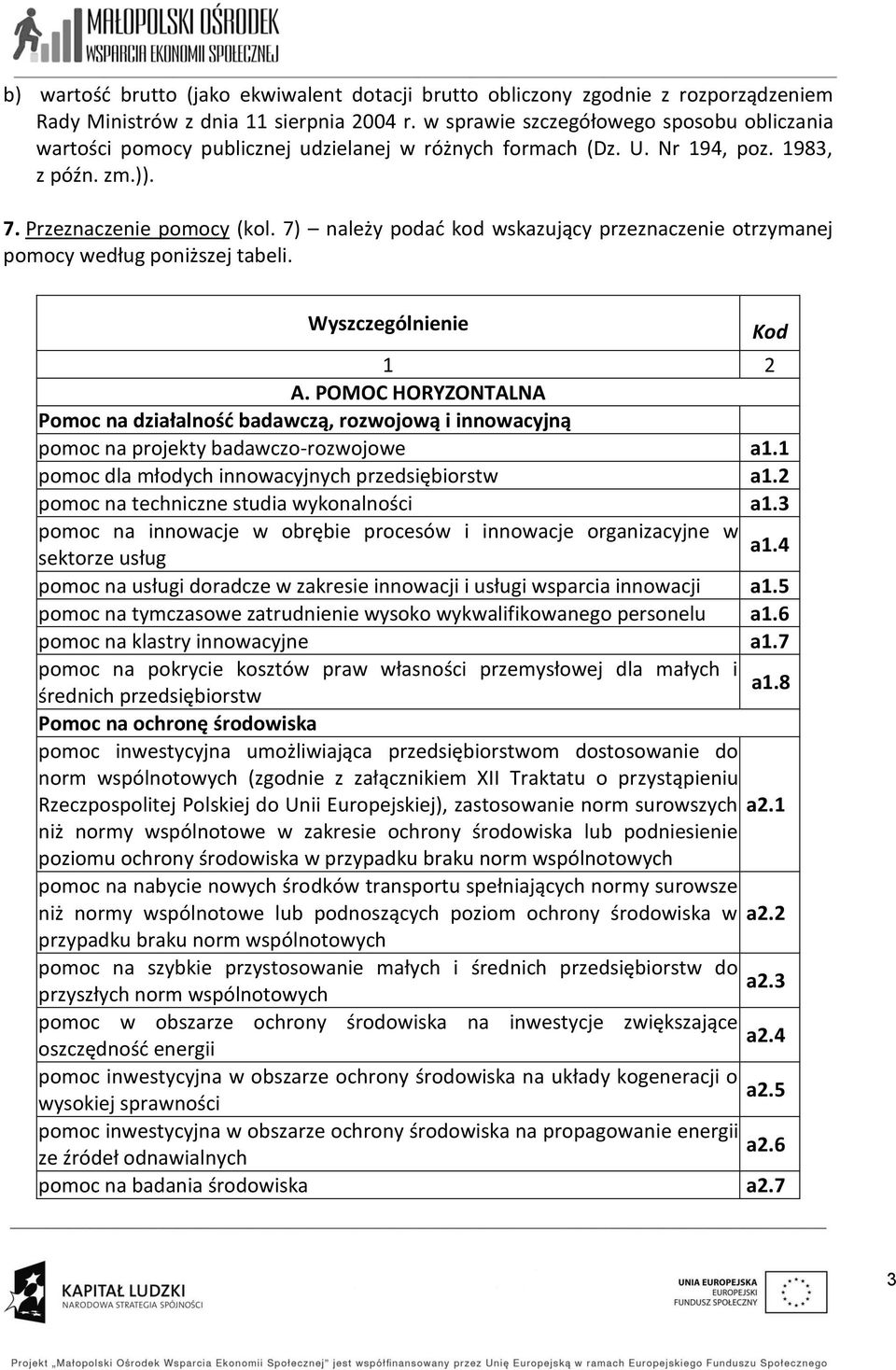 7) należy podać kod wskazujący przeznaczenie otrzymanej pomocy według poniższej tabeli. Wyszczególnienie 1 2 A.