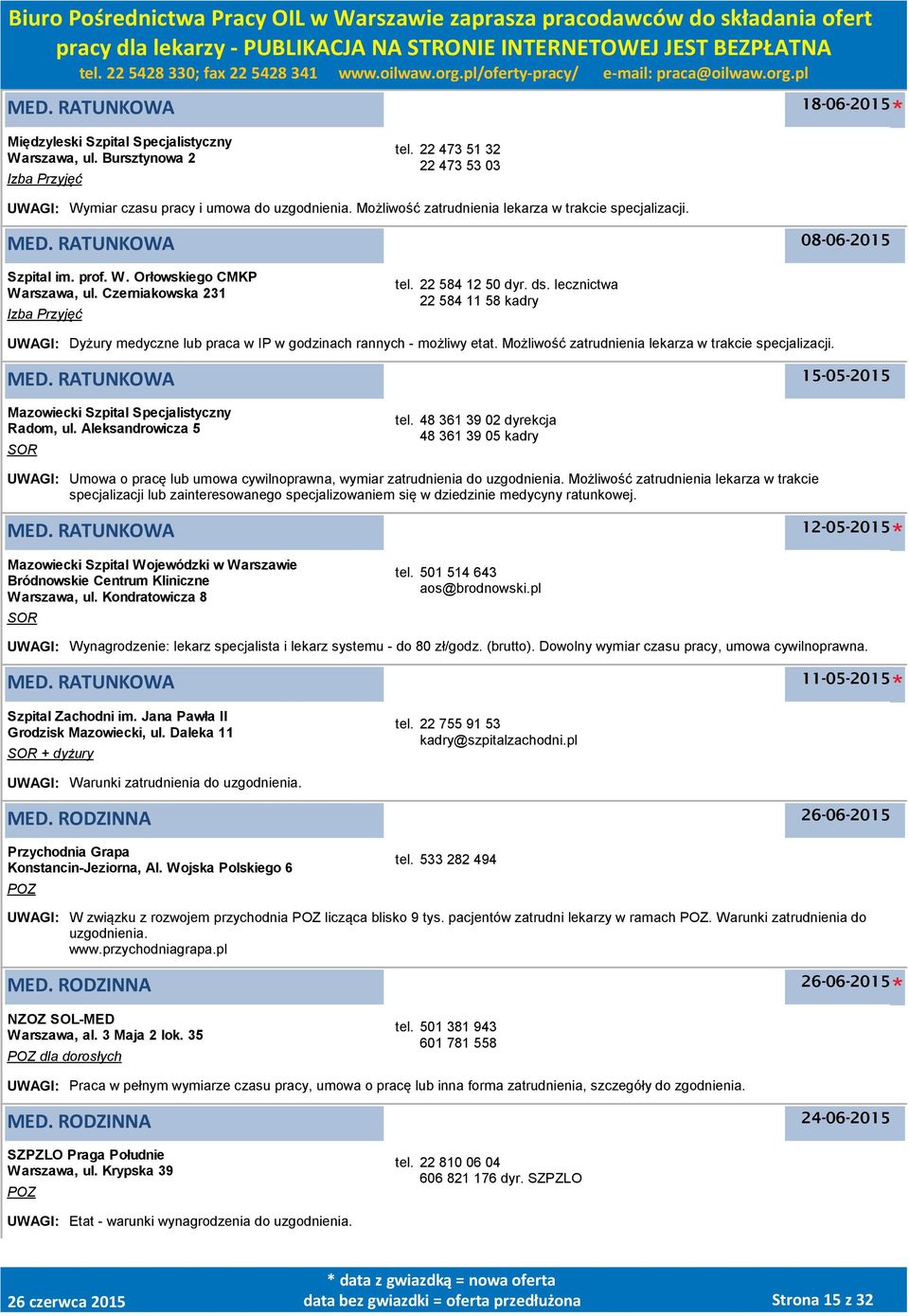 lecznictwa 22 584 11 58 kadry UWAGI: Dyżury medyczne lub praca w IP w godzinach rannych - możliwy etat. Możliwość zatrudnienia lekarza w trakcie specjalizacji. MED.