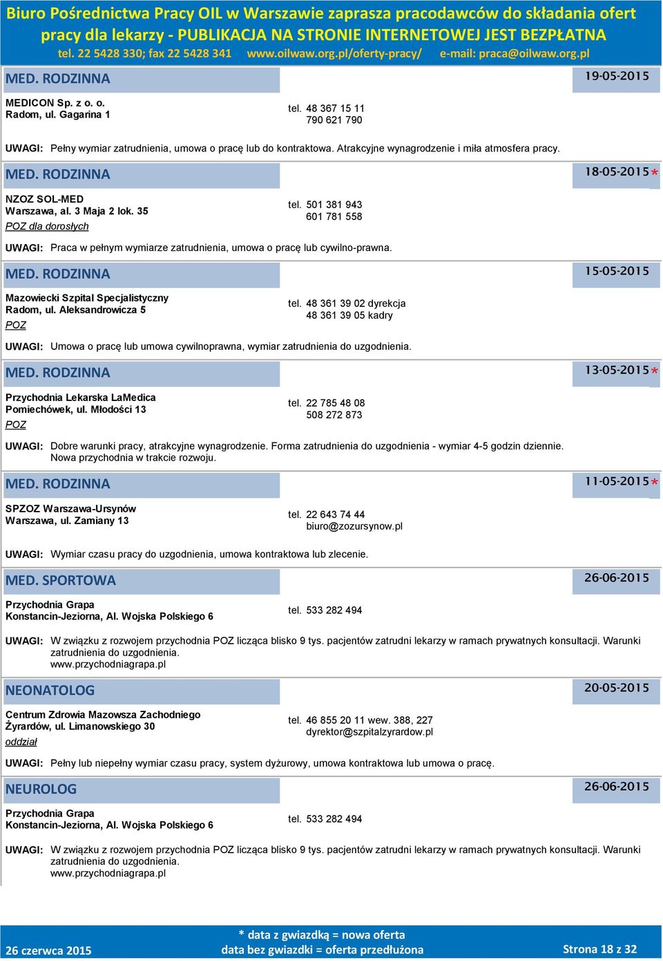 15-05-2015 Mazowiecki Szpital Specjalistyczny Radom, ul. Aleksandrowicza 5 POZ tel.