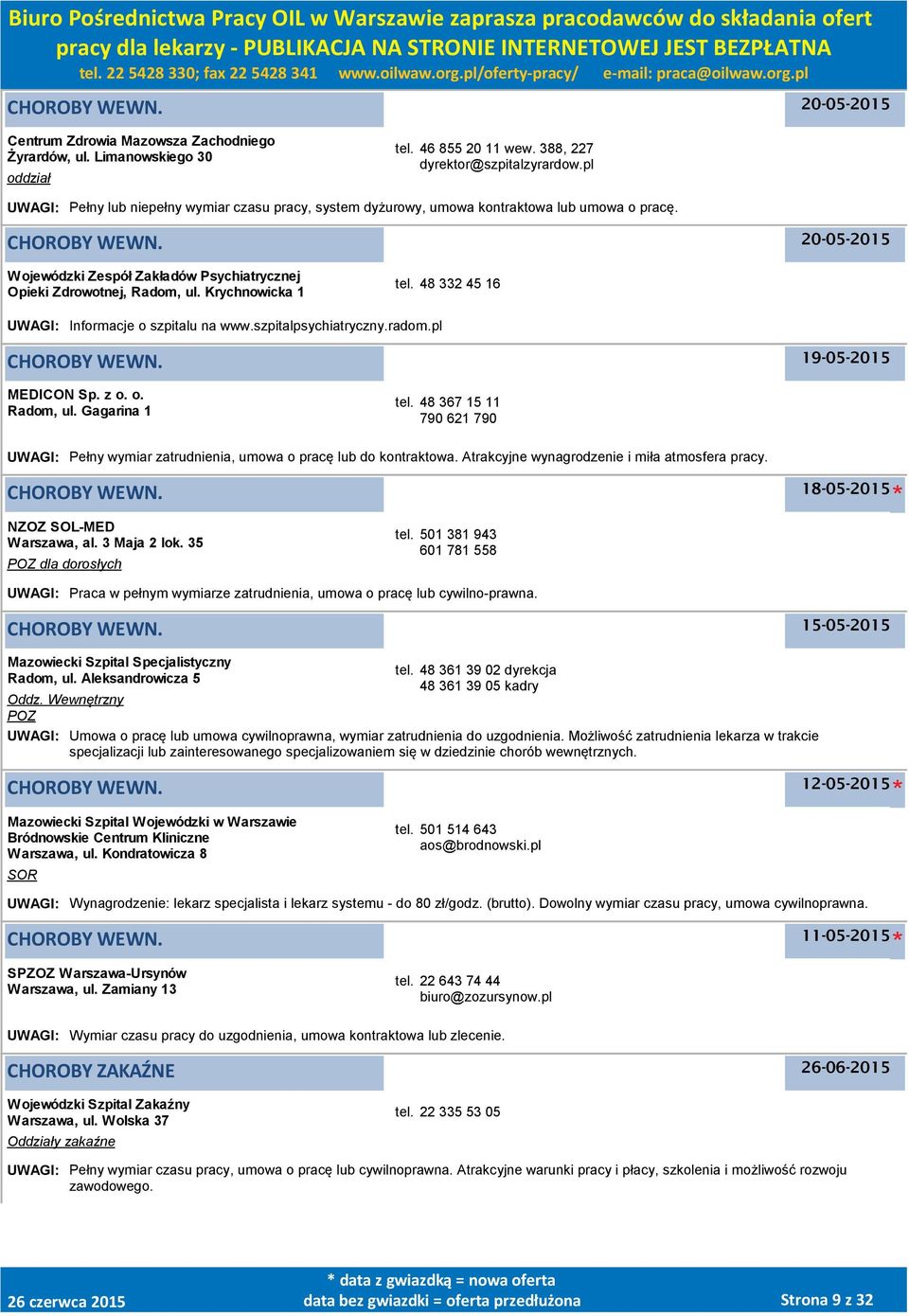 Krychnowicka 1 tel. 48 332 45 16 UWAGI: Informacje o szpitalu na www.szpitalpsychiatryczny.radom.pl 19-05-2015 MEDICON Sp. z o. o. Radom, ul. Gagarina 1 tel.