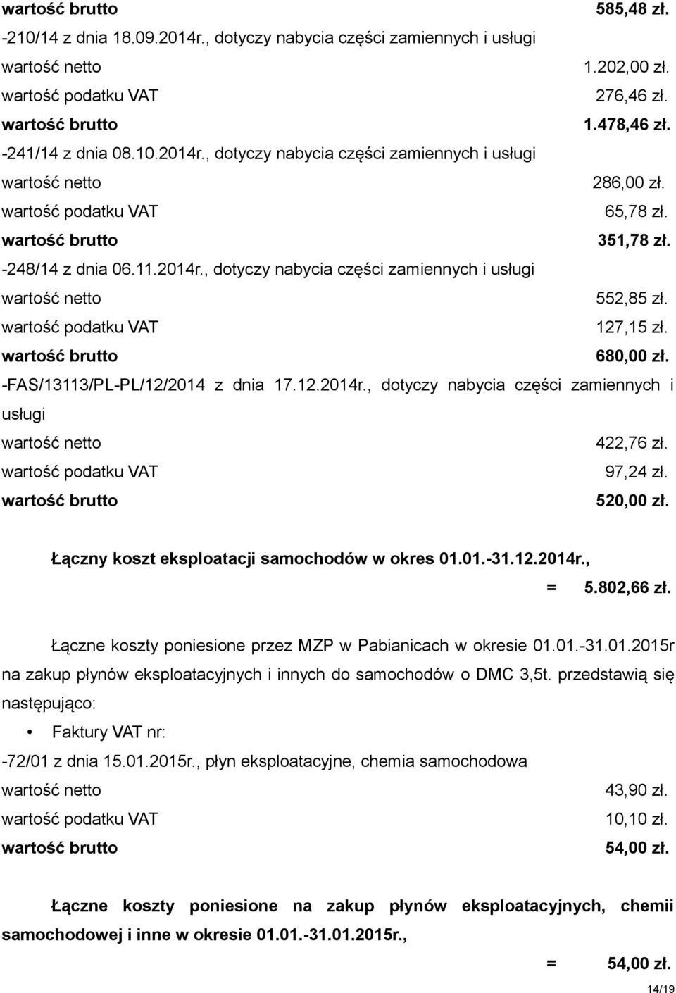 97,24 zł. 520,00 zł. Łączny koszt eksploatacji samochodów w okres 01.01.-31.12.2014r., = 5.802,66 zł. Łączne koszty poniesione przez MZP w Pabianicach w okresie 01.01.-31.01.2015r na zakup płynów eksploatacyjnych i innych do samochodów o DMC 3,5t.