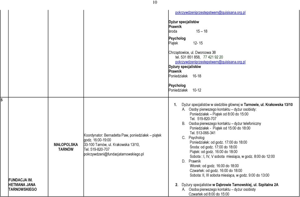 HETMANA JANA TARNOWSKIEGO MAŁOPOLSKA TARNÓW Koordynator: Bernadetta Paw, poniedziałek piątek godz. 16:00-19:00 33-100 Tarnów, ul. Krakowska 13/10, Tel. 519-820-707 pokrzywdzeni@fundacjatarnowskiego.