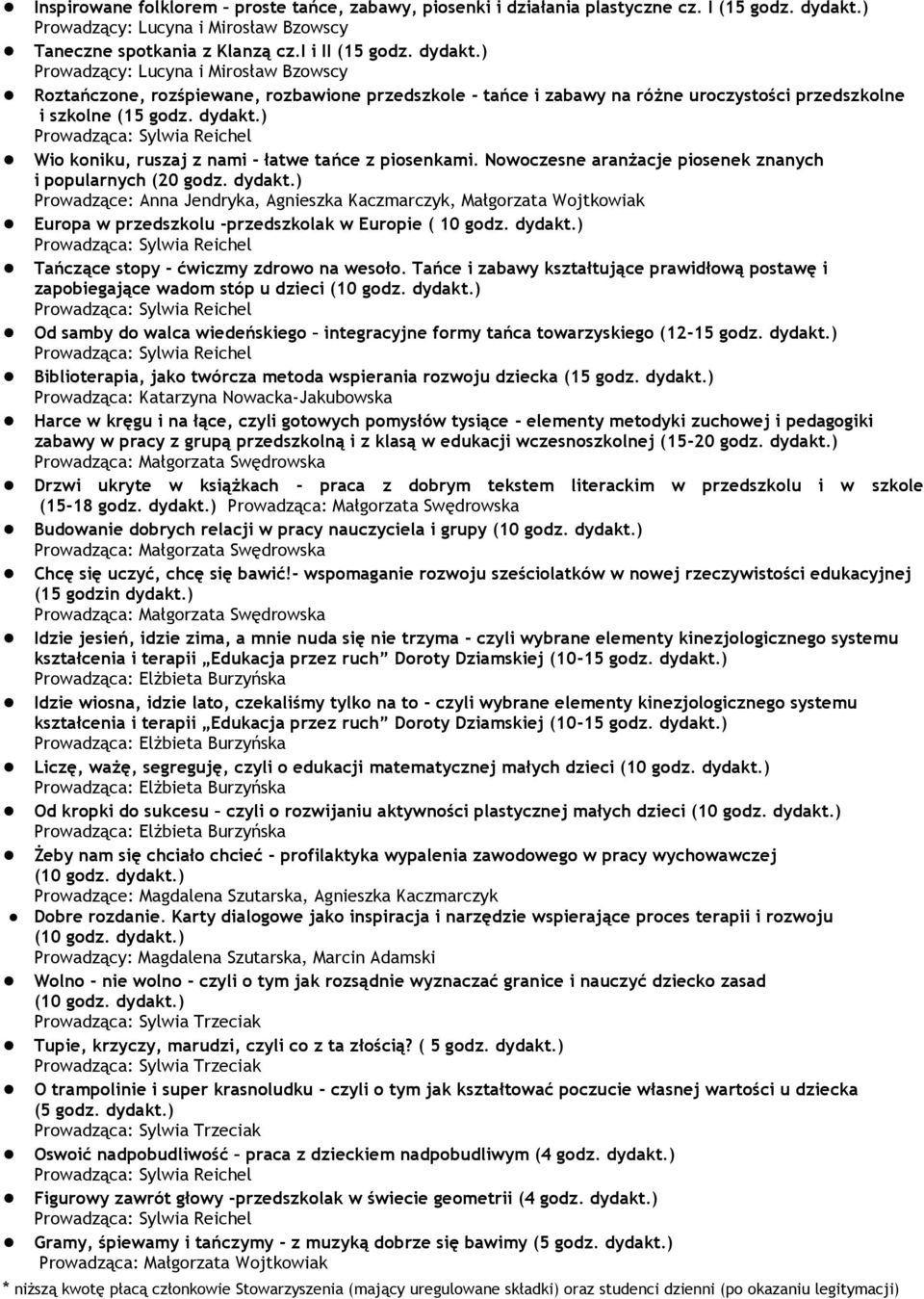 ) Prowadzący: Lucyna i Mirosław Bzowscy Roztańczone, rozśpiewane, rozbawione przedszkole - tańce i zabawy na różne uroczystości przedszkolne i szkolne (15 godz. dydakt.