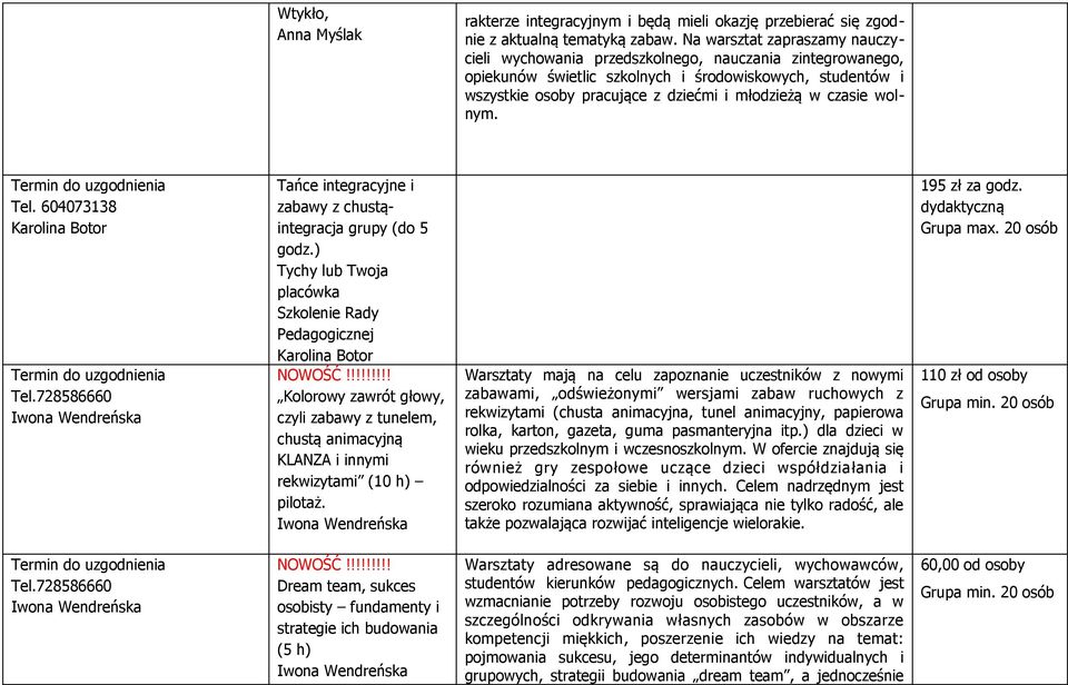 czasie wolnym. Tel. 604073138 Tańce integracyjne i zabawy z chustąintegracja grupy (do 5 godz.) Tychy lub Twoja placówka Szkolenie Rady Pedagogicznej NOWOŚĆ!