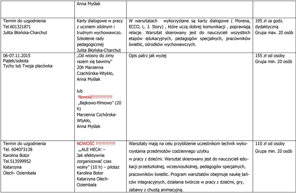 Story), które uczą dobrej komunikacji, poprawiają relacje. Warsztat skierowany jest do nauczycieli wszystkich etapów edukacyjnych, pedagogów specjalnych, pracowników świetlic, ośrodków wychowawczych.