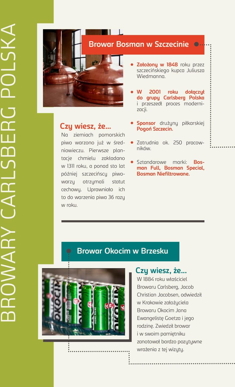 Browar Okocim w Brzesku Założony w 1848 roku przez szczecińskiego kupca Juliusza Wiedmanna. W 2001 roku dołączył do grupy Carlsberg Polska i przeszedł proces modernizacji.
