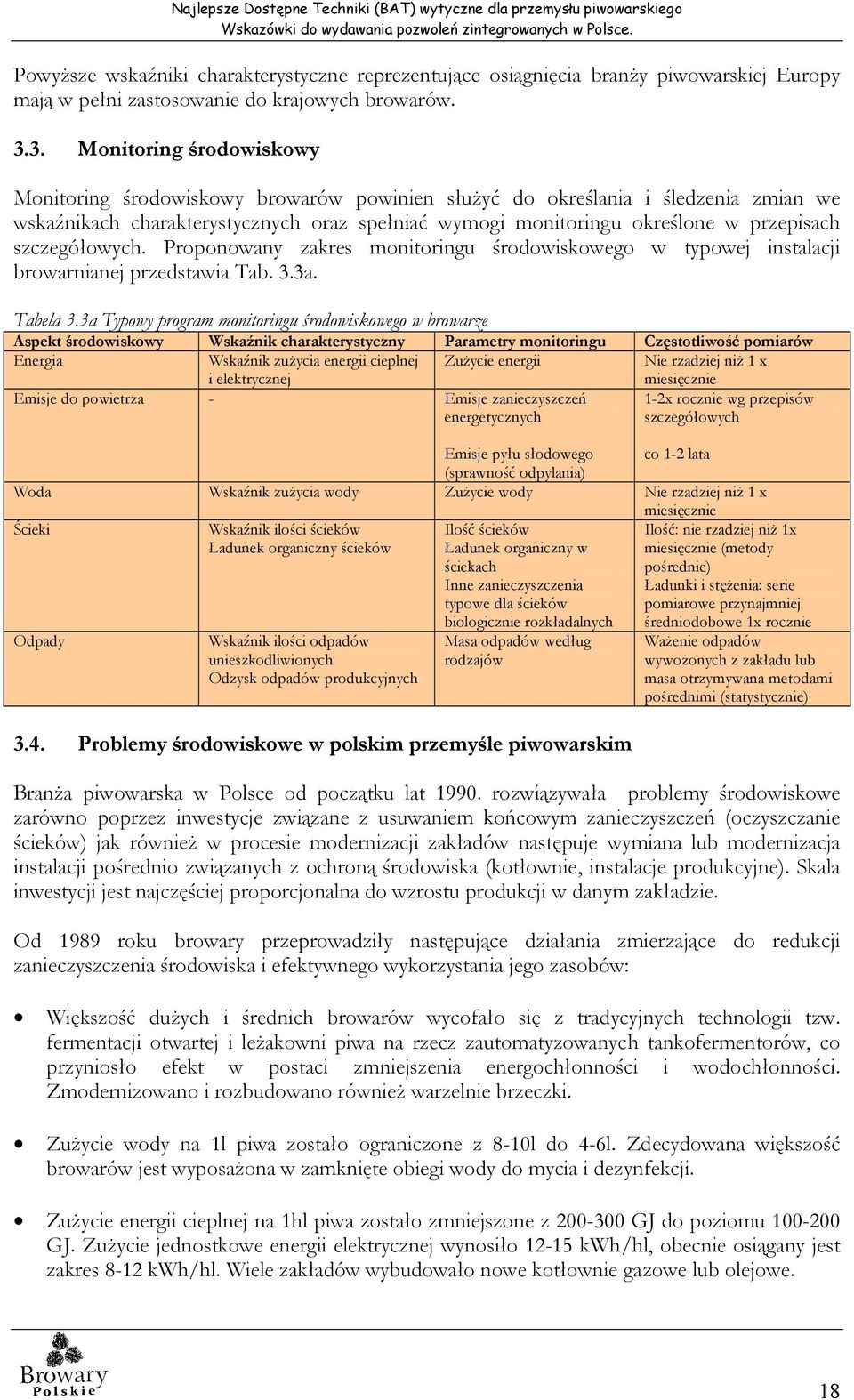 szczegółowych. Proponowany zakres monitoringu środowiskowego w typowej instalacji browarnianej przedstawia Tab. 3.3a. Tabela 3.