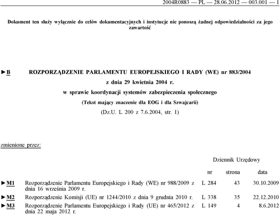883/2004 z dnia 29 kwietnia 2004 r. w sprawie koordynacji systemów zabezpieczenia społecznego (Tekst mający znaczenie dla EOG i dla Szwajcarii) (Dz.U. L 200 z 7.6.2004, str.