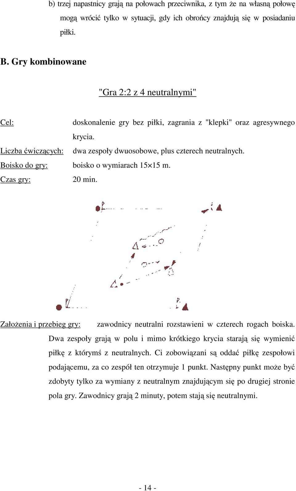 Boisko do gry: boisko o wymiarach 15 15 m. Czas gry: 20 min. Założenia i przebieg gry: zawodnicy neutralni rozstawieni w czterech rogach boiska.