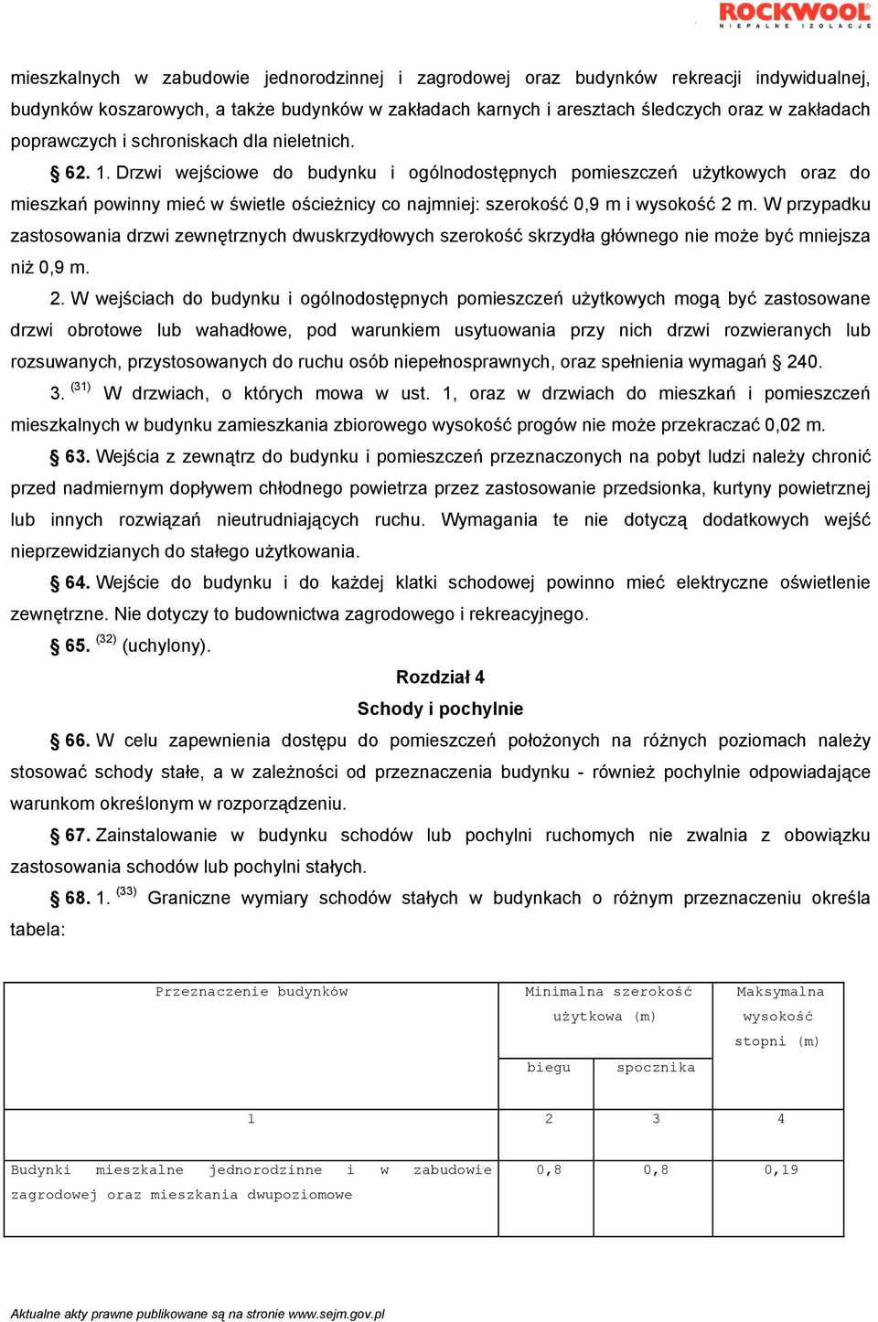 Drzwi wejściowe do budynku i ogólnodostępnych pomieszczeń użytkowych oraz do mieszkań powinny mieć w świetle ościeżnicy co najmniej: szerokość 0,9 m i wysokość 2 m.