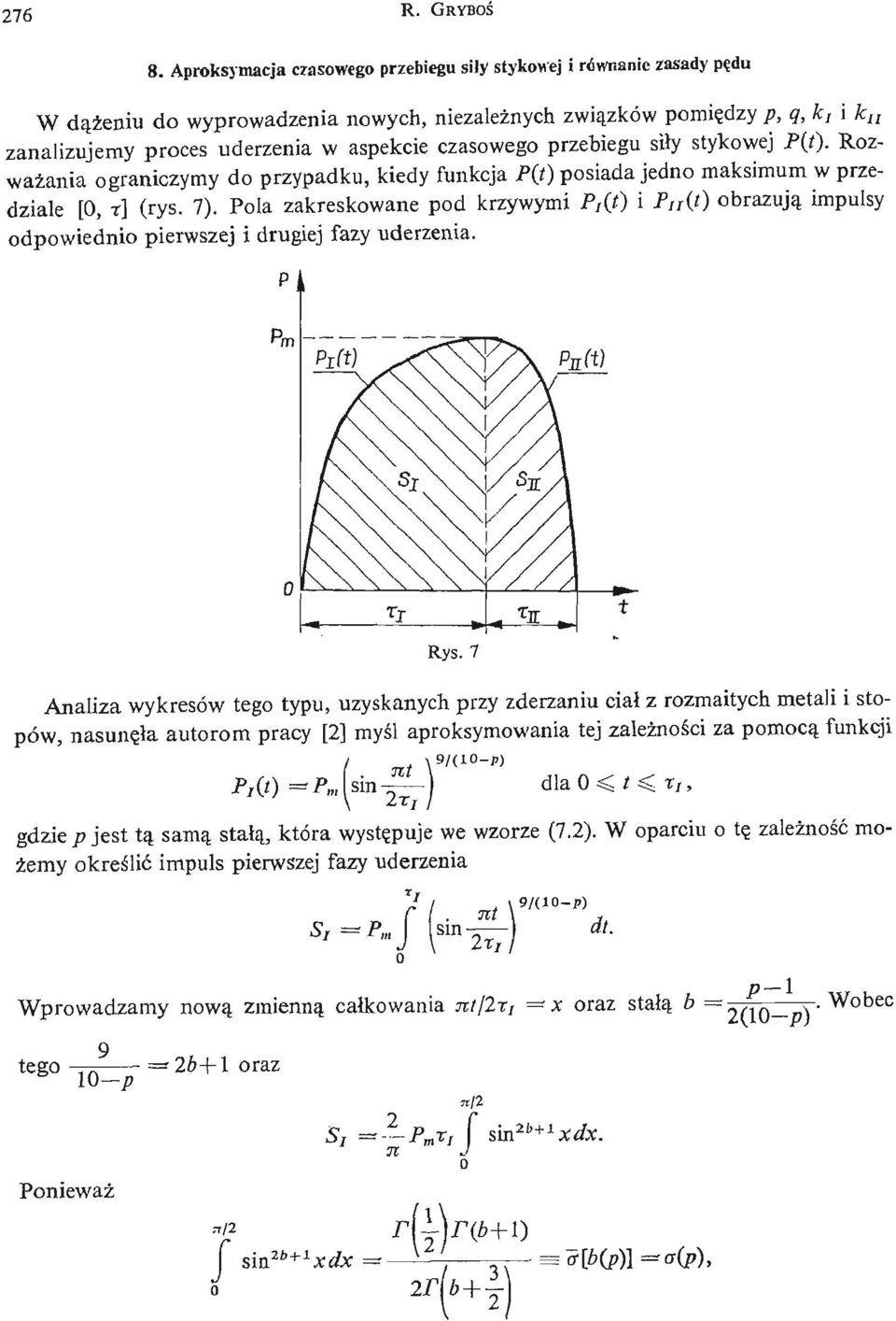 czasowego przebiegu sił y stykowej P(t). Rozważ ania ograniczymy do przypadku, kiedy funkcja P(t) posiada jedno maksimum w przedziale [0, r] (rys. 7).