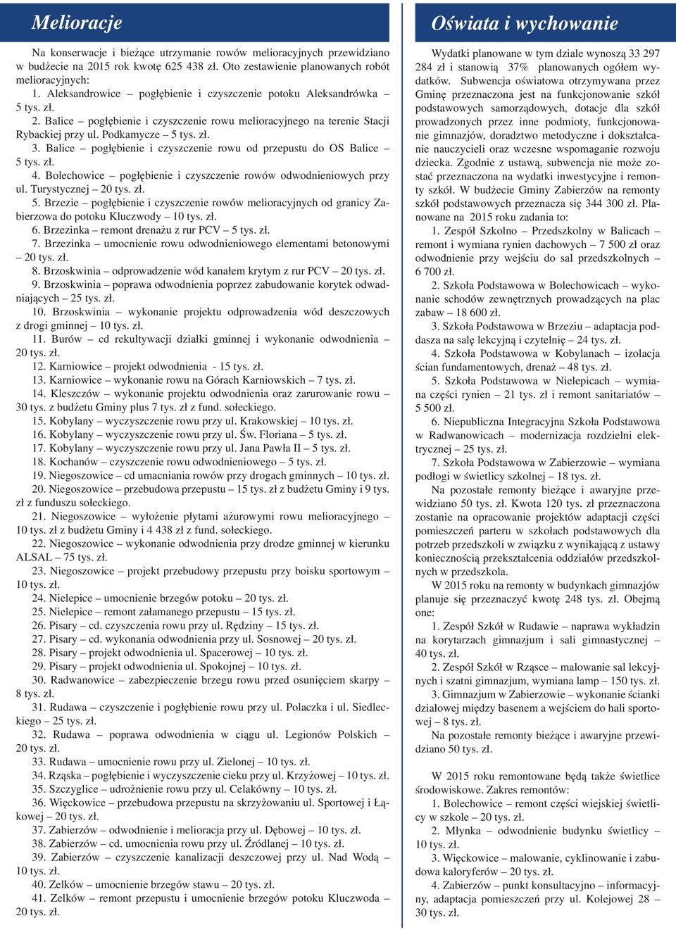 Balice pogłębienie i czyszczenie rowu od przepustu do OS Balice 5 tys. zł. 4. Bolechowice pogłębienie i czyszczenie rowów odwodnieniowych przy ul. Turystycznej 20 tys. zł. 5. Brzezie pogłębienie i czyszczenie rowów melioracyjnych od granicy Zabierzowa do potoku Kluczwody 10 tys.