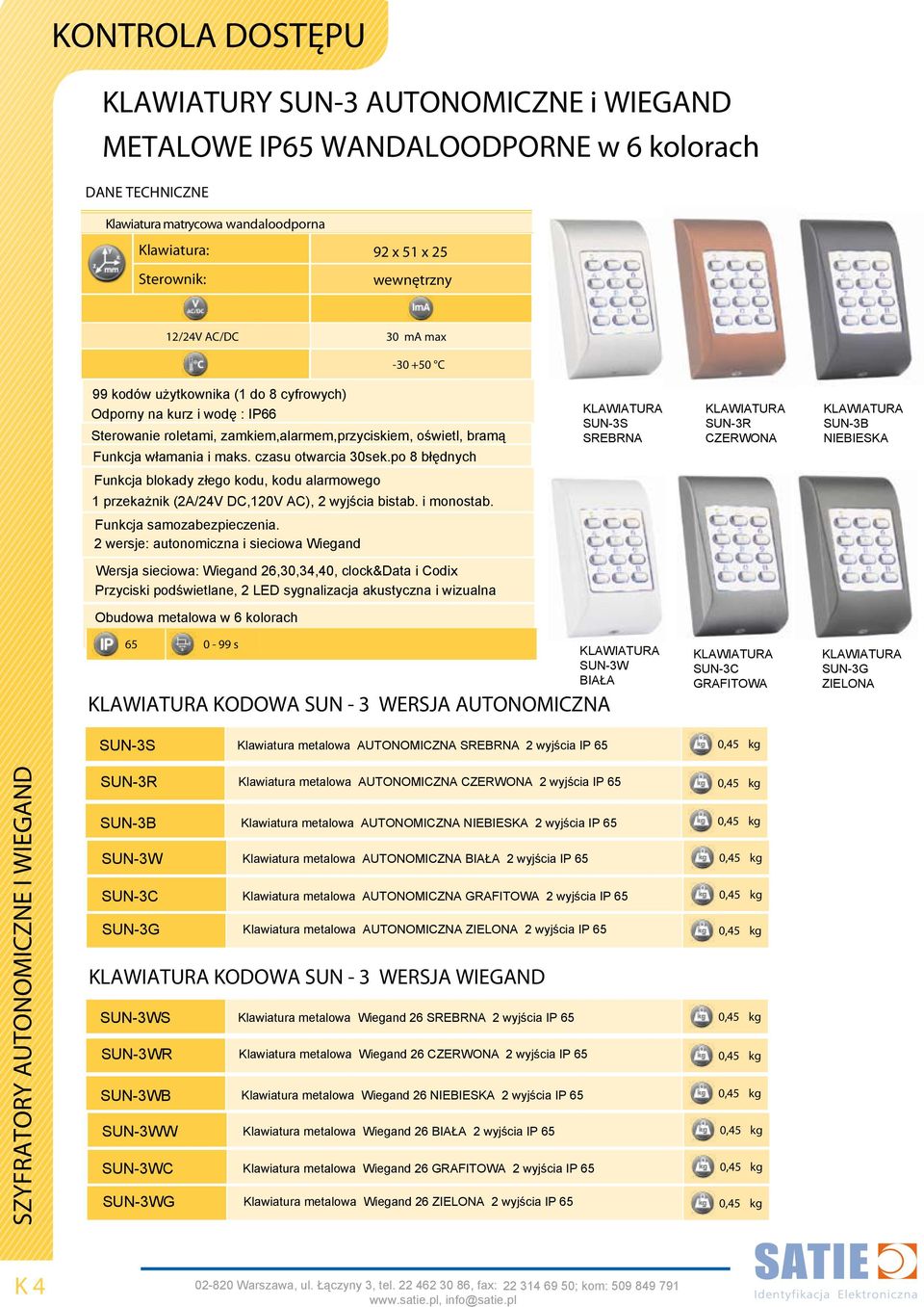 po 8 błędnych SUN-3S SREBRNA SUN-3R CZERWONA SUN-3B NIEBIESKA Funkcja blokady złego kodu, kodu alarmowego 1 przekażnik (2A/24V DC,120V AC), 2 wyjścia bistab. i monostab. Funkcja samozabezpieczenia.