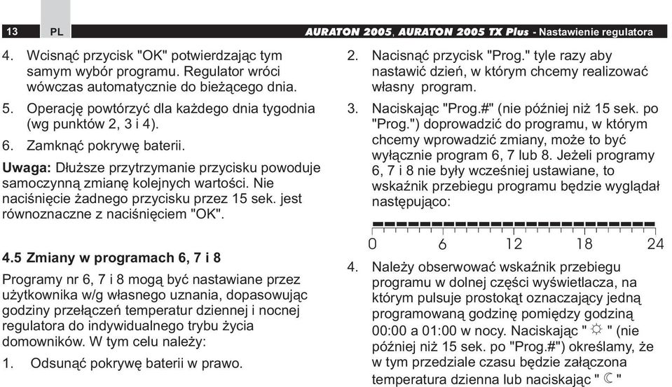 AURATON 25, AURATON 25 TX Plus - Nastawienie regulatora 2. Nacisnąć przycisk "Prog." tyle razy aby nastawić dzień, w którym chcemy realizować własny program. 3. Naciskając "Prog.