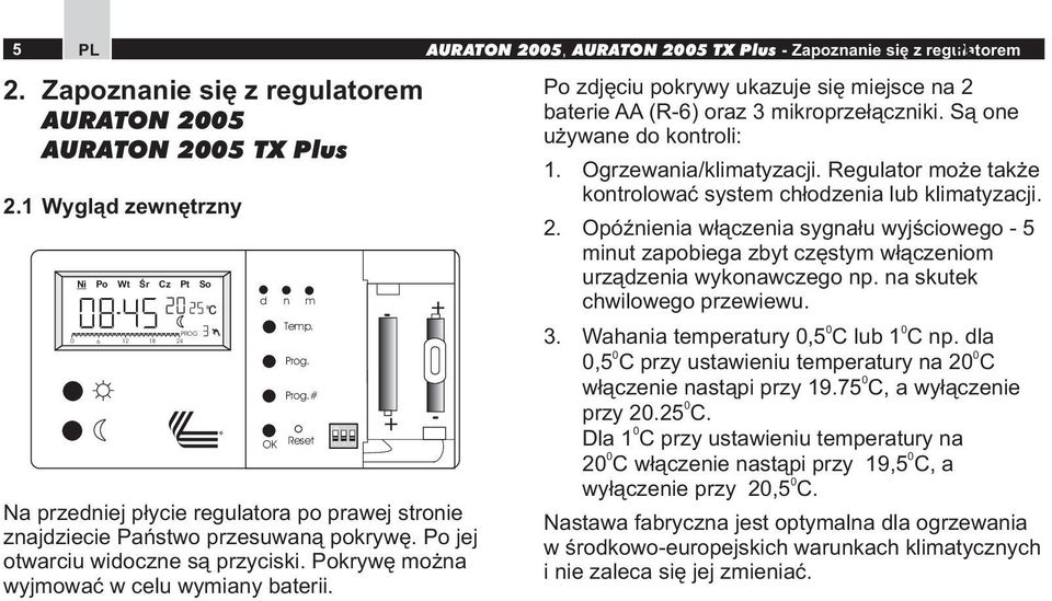 Prog.# - ON + OK Reset - AURATON 25, AURATON 25 TX Plus - Zapoznanie się z regulatorem PL + Po zdjęciu pokrywy ukazuje się miejsce na 2 baterie AA (R-6) oraz 3 mikroprzełączniki.