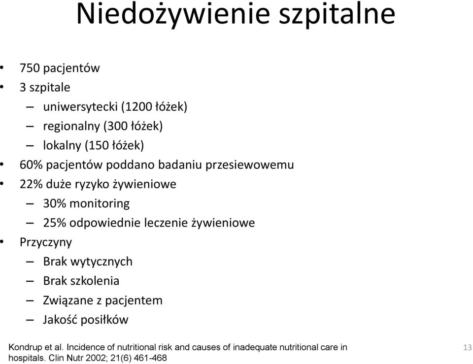 leczenie żywieniowe Przyczyny Brak wytycznych Brak szkolenia Związane z pacjentem Jakość posiłków Kondrup et al.