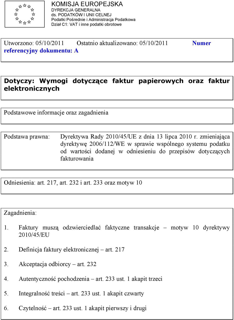 Dotyczy: Wymogi dotyczące faktur papierowych oraz faktur elektronicznych Podstawowe informacje oraz zagadnienia Podstawa prawna: Dyrektywa Rady 2010/45/UE z dnia 13 lipca 2010 r.