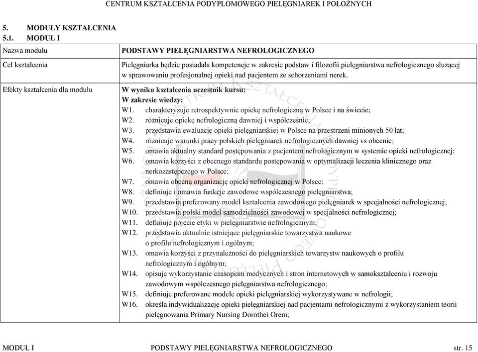 nefrologicznego służącej w sprawowaniu profesjonalnej opieki nad pacjentem ze schorzeniami nerek. W wyniku kształcenia uczestnik kursu: W zakresie wiedzy: W1.