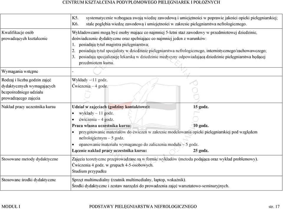 jeden z warunków: 1. posiadają tytuł magistra pielęgniarstwa; 2. posiadają tytuł specjalisty w dziedzinie pielęgniarstwa nefrologicznego, internistycznego/zachowawczego; 3.