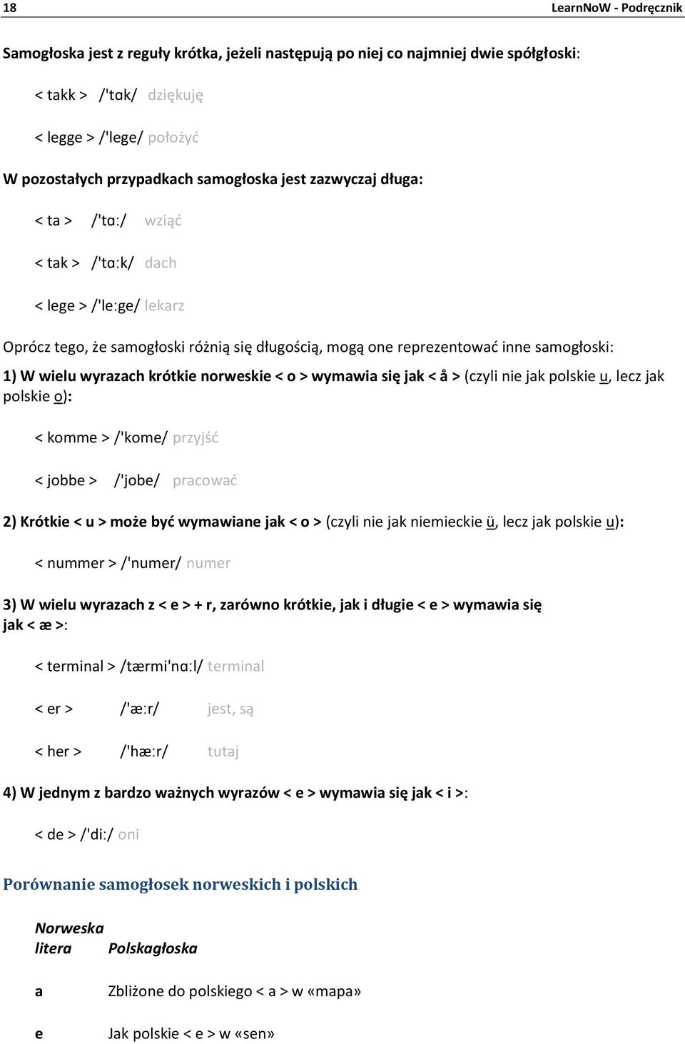 krótkie norweskie < o > wymawia się jak < å > (czyli nie jak polskie u, lecz jak polskie o): < komme > /'kome/ przyjść < jobbe > /'jobe/ pracować 2) Krótkie < u > może być wymawiane jak < o > (czyli