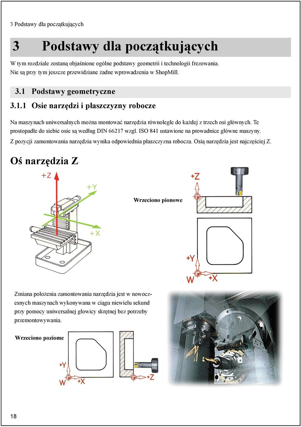 Podstawy geometryczne 3.1.1 Osie narzędzi i płaszczyzny robocze Na maszynach uniwersalnych można montować narzędzia równolegle do każdej z trzech osi głównych.