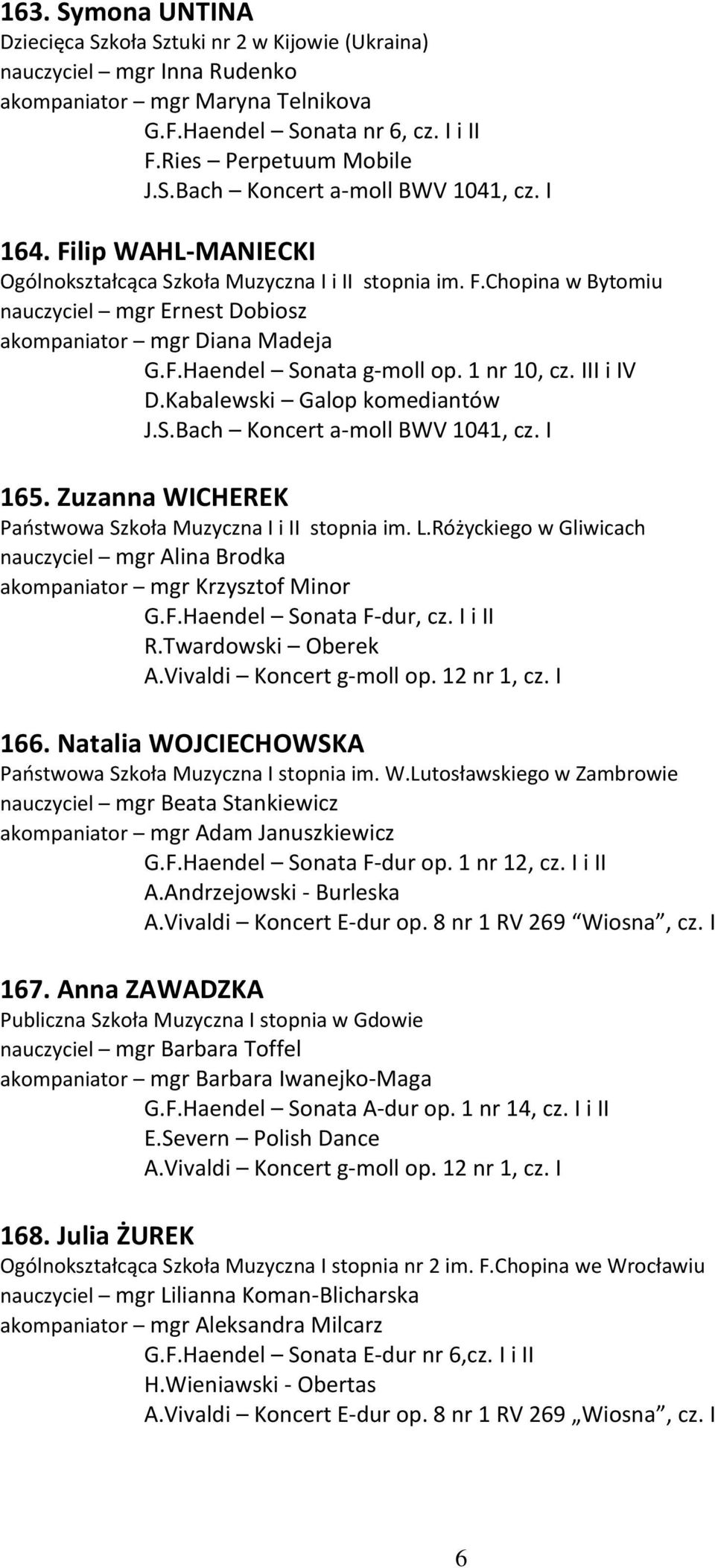 III i IV D.Kabalewski Galop komediantów 165. Zuzanna WICHEREK Państwowa Szkoła Muzyczna I i II stopnia im. L.Różyckiego w Gliwicach nauczyciel mgr Alina Brodka akompaniator mgr Krzysztof Minor G.F.