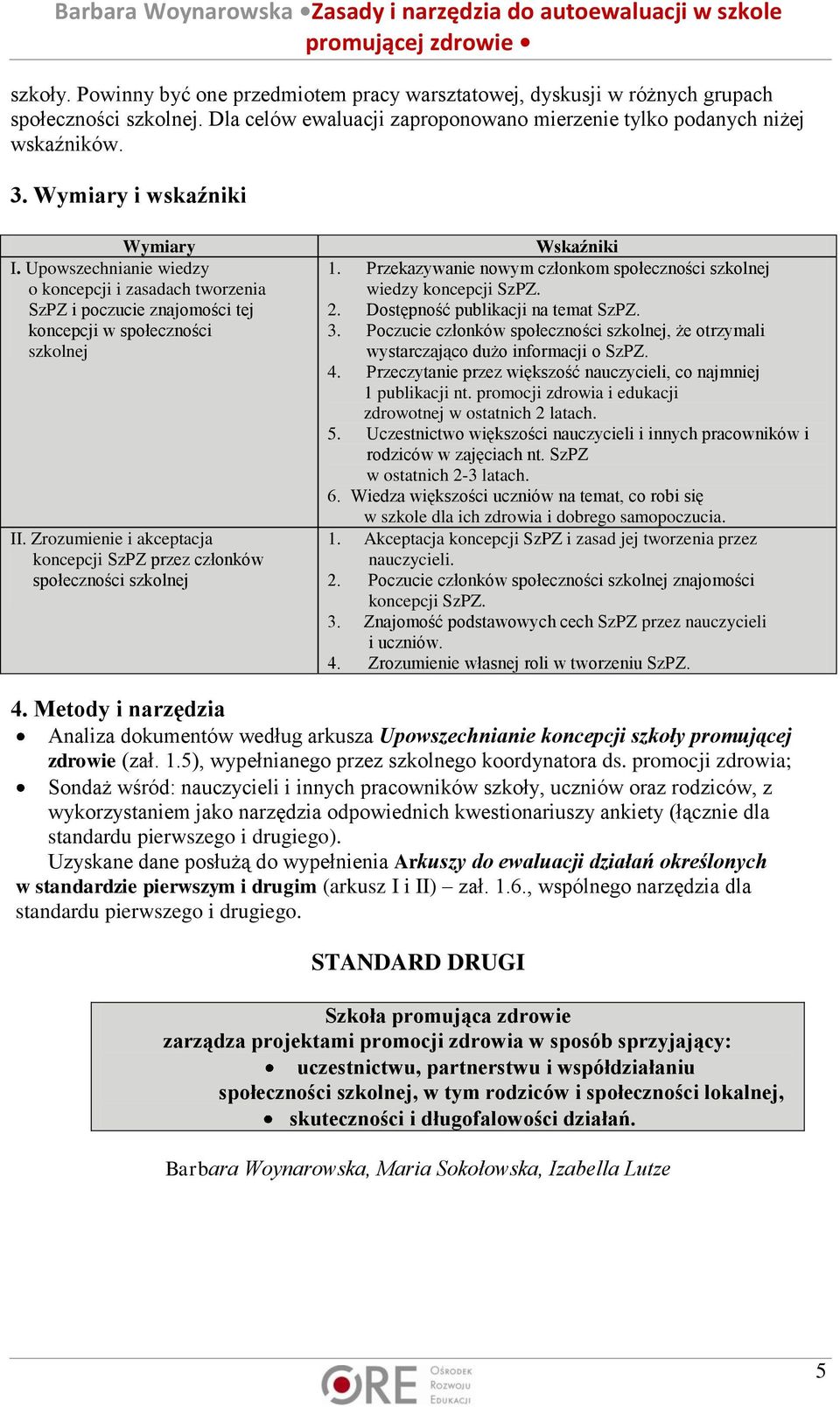 Zrozumienie i akceptacja koncepcji SzPZ przez członków społeczności szkolnej Wskaźniki 1. Przekazywanie nowym członkom społeczności szkolnej wiedzy koncepcji SzPZ. 2.