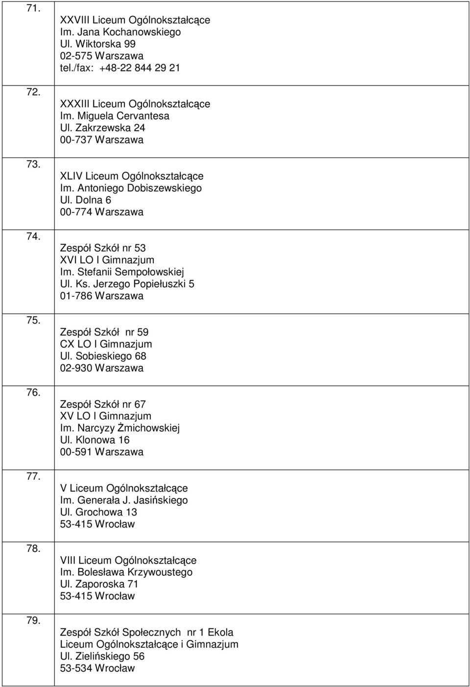 Jerzego Popiełuszki 5 01-786 Warszawa Zespół Szkół nr 59 CX LO I Gimnazjum Ul. Sobieskiego 68 02-930 Warszawa Zespół Szkół nr 67 XV LO I Gimnazjum Im. Narcyzy Żmichowskiej Ul.