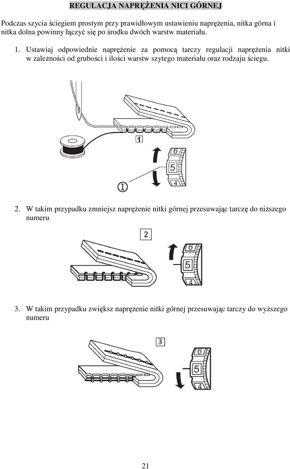 Ustawiaj odpowiednie naprężenie za pomocą tarczy regulacji naprężenia nitki w zależności od grubości i ilości warstw szytego