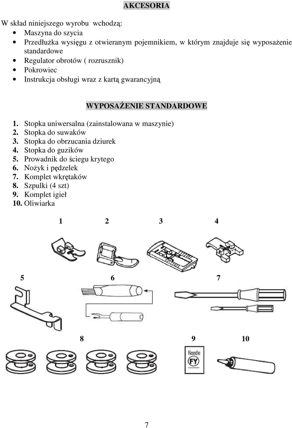 STANDARDOWE 1. Stopka uniwersalna (zainstalowana w maszynie) 2. Stopka do suwaków 3. Stopka do obrzucania dziurek 4.