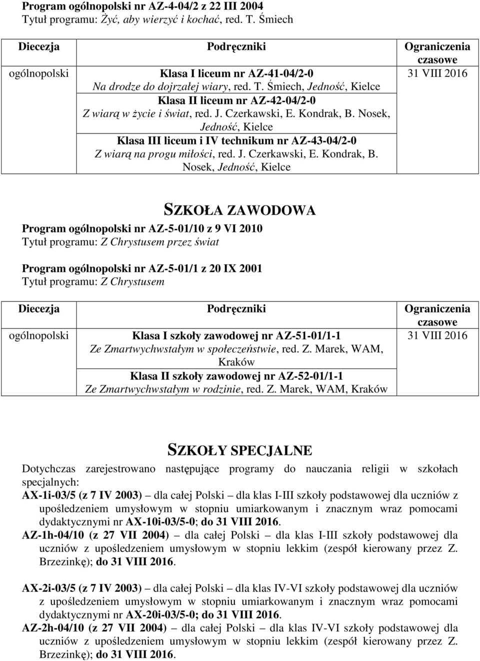 Nosek, Jedność, Kielce Klasa III liceum i IV technikum nr AZ-43-04/2-0 Z wiarą na progu miłości, red.