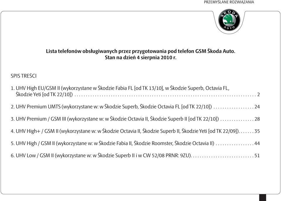 UHV High EU/GSM II (wykorzystane w Škodzie Fabia FL [od TK 13/10], w Škodzie Superb, Octavia FL, Škodzie Yeti [od TK 22/10])................................................................................ 2 2.