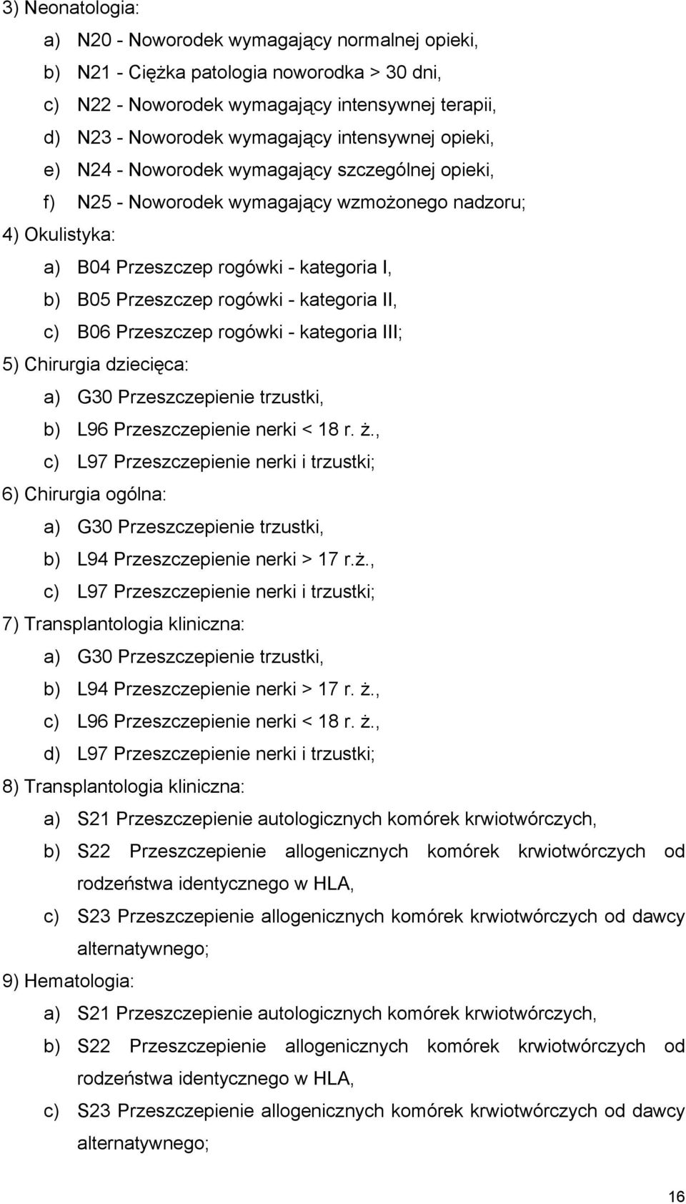 rogówki - kategoria II, c) B06 Przeszczep rogówki - kategoria III; 5) Chirurgia dziecięca: a) G30 Przeszczepienie trzustki, b) L96 Przeszczepienie nerki < 18 r. ż.